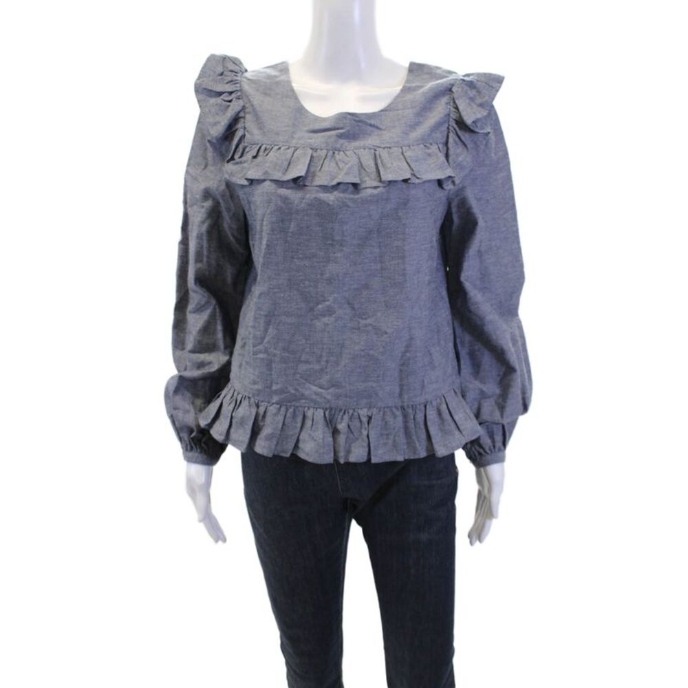 Jill Jill Stuart Womens Crew Neck Ruffle Detail Long Sleeve Blouse Top Blue Sz S